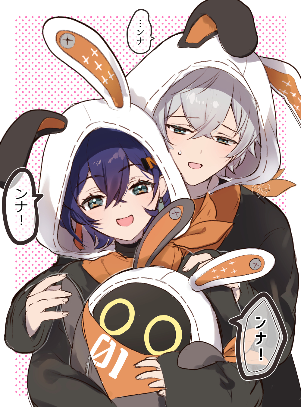 1boy, 1girl, adapted_costume, animal_ear_hood, animal_ears, bandana, bandana_around_neck, bangboo_(zenless_zone_zero)