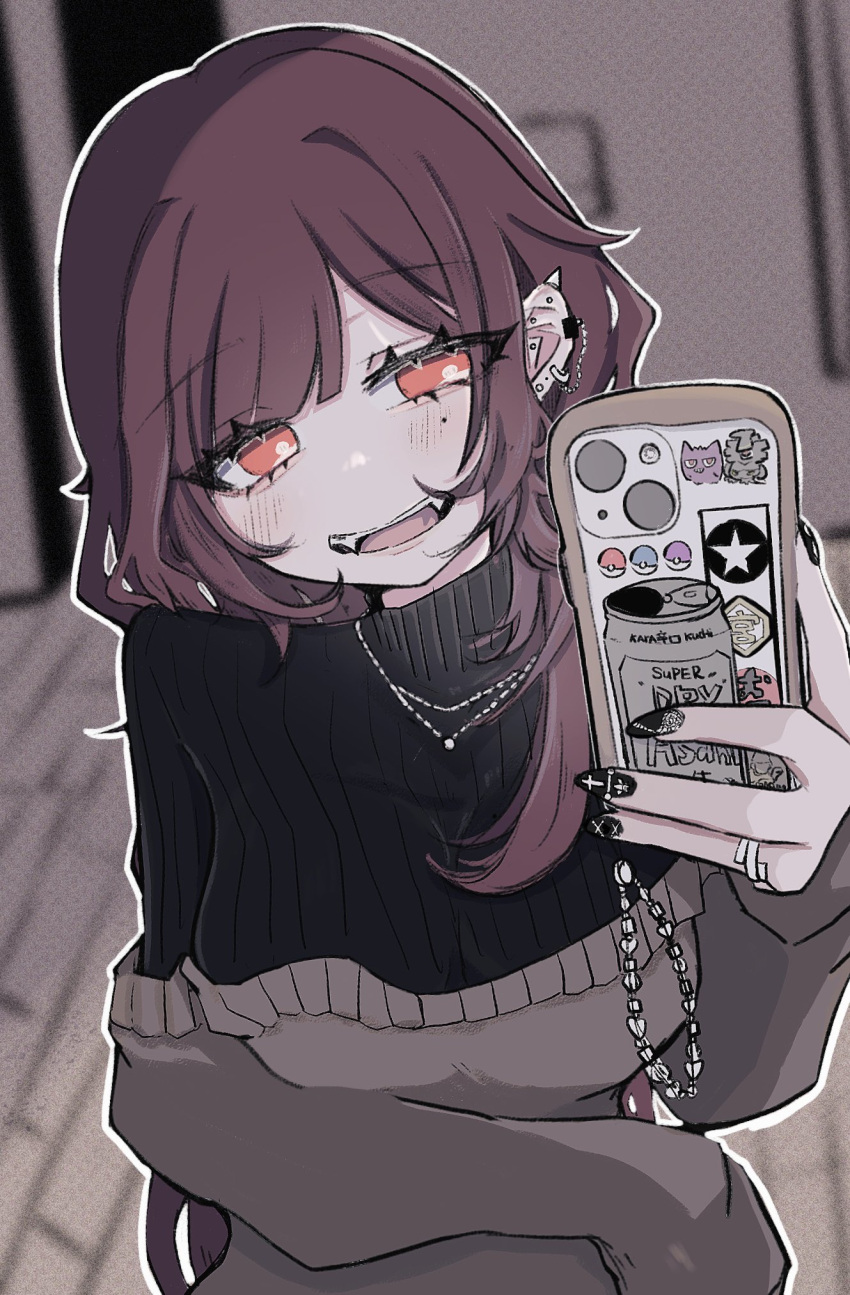 1girl, 773owo, :d, aegyo_sal, asahi_breweries, black_eyeliner, black_nails, black_sweater, bright_pupils, brown_sweater, cellphone, cellphone_charm, character_request, charm_(object), dusknoir, earrings, eyeliner, fangs, gengar, head_tilt, highres, holding, holding_phone, jewelry, long_hair, long_sleeves, looking_at_object, makeup, mole, mole_under_eye, multiple_earrings, nail_art, nail_polish, necklace, original, phone, pokemon, purple_hair, red_eyes, ribbed_sweater, side_ponytail, smartphone, smile, spike_piercing, sticker, sweater, swept_bangs, two-tone_sweater, upper_body, white_pupils
