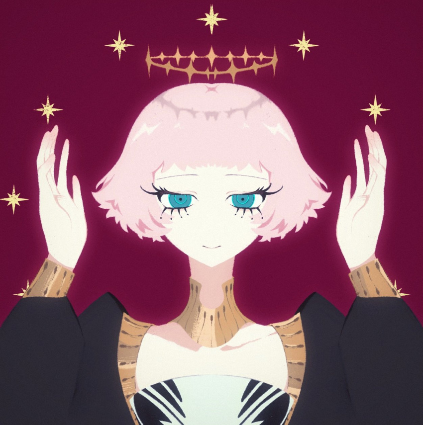 1girl, blue_eyes, blunt_bangs, halo, hashtag-only_commentary, highres, long_eyelashes, long_sleeves, looking_at_viewer, metaphor:_refantazio, pink_hair, red_background, rella_(metaphor:_refantazio), short_hair, simple_background, smile, solo, sparkle, upper_body, yesheng_zong_ren