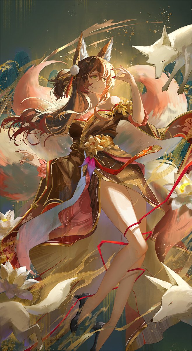 animal_ears, bare_shoulders, black_dress, black_footwear, brown_hair, commentary, dress, fingernails, fox, fox_ears, fox_girl, fox_shadow_puppet, fugue_(honkai:_star_rail), full_body, green_eyes, hair_between_eyes, hair_ornament, helen_(helenwork015), high_heels, highres, honkai:_star_rail, honkai_(series), long_hair, long_sleeves, multiple_tails, parted_lips, pink_tail, pom_pom_(clothes), pom_pom_hair_ornament, red_nails, sharp_fingernails, tail, tassel, tassel_hair_ornament, tingyun_(honkai:_star_rail), very_long_hair, wide_sleeves