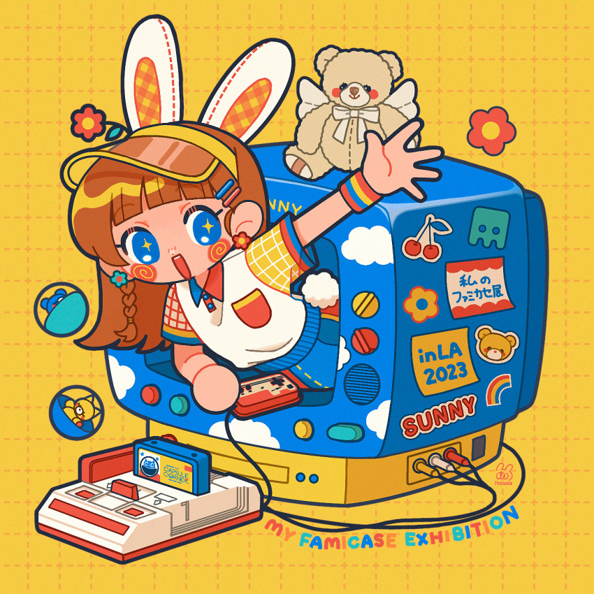 1girl, animal_ears, arm_up, blue_eyes, blush_stickers, brown_hair, cable, commentary, controller, crt, earrings, english_commentary, famicom, flower_earrings, game_console, grid_background, hair_ornament, hairclip, highres, holding, holding_controller, itousa, jewelry, long_hair, looking_at_viewer, open_mouth, original, rabbit_ears, rca_connector, sticker, stuffed_animal, stuffed_toy, teddy_bear, visor_cap, yellow_background