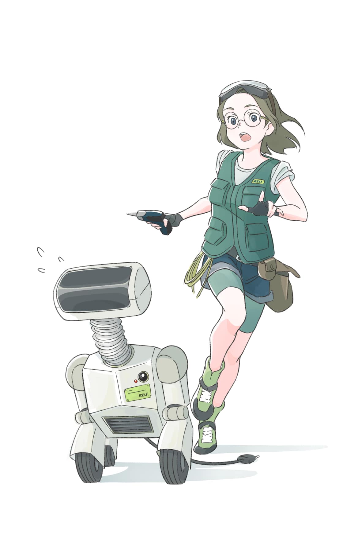 1girl, bike_shorts, black_hair, fingerless_gloves, glasses, gloves, highres, military, morison, open_mouth, original, short_hair, solo