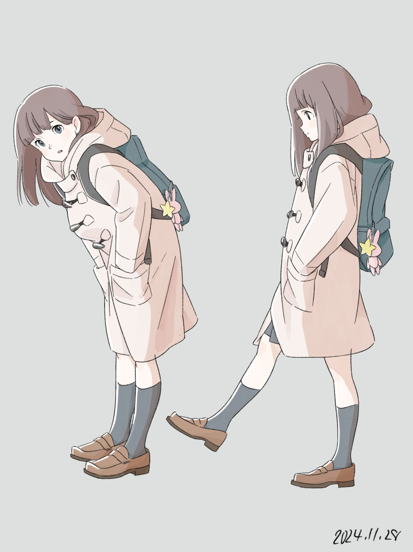 1girl, backpack, bag, bag_charm, blunt_bangs, brown_coat, brown_footwear, brown_hair