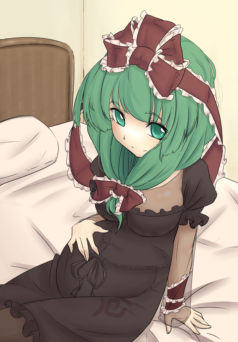 1girl, bed, bow, empty_eyes, front_ponytail, green_eyes, green_hair, hair_bow, hair_ribbon, hakano_shinshi, hand_on_belly, hand_on_stomach, highres, holding_belly, kagiyama_hina, pillow, pregnant, ribbon, sitting, sketch, smile, solo, touhou