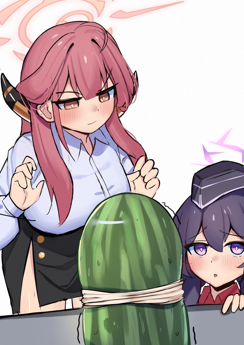 2girls, :/, :o, absurdres, ahoge, aru_(blue_archive), black_skirt, blue_archive