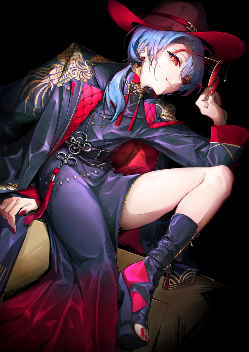 1girl, absurdres, arm_support, asymmetrical_bangs, belt, blue_coat, blue_hair, body_jewelry