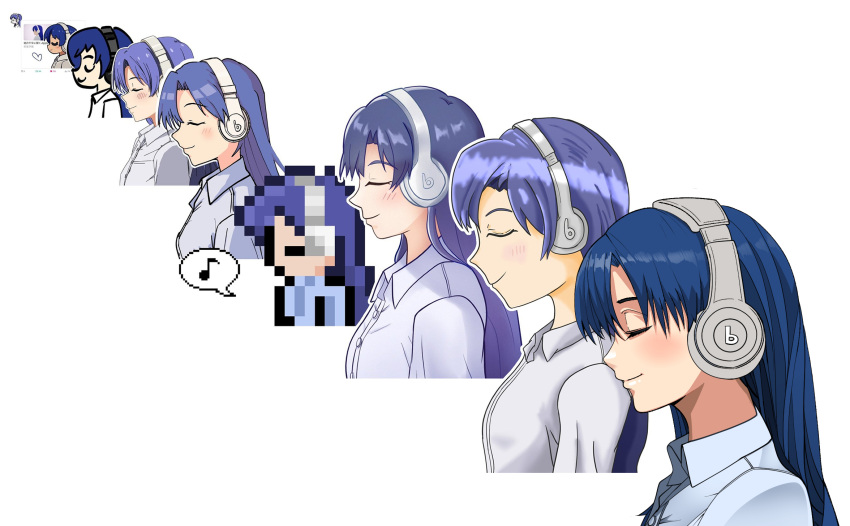 1girl, beats_by_dr._dre, blue_hair, blue_shirt, blush, borrowed_inset, closed_eyes, closed_mouth