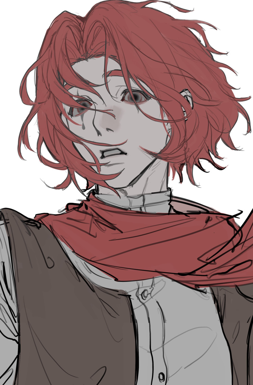 1boy, absurdres, brown_vest, buttons, clenched_teeth, collared_shirt, grey_eyes, highres, ice0_eci, identity_v, looking_at_viewer, makeup, male_focus, medium_hair, red_scarf, redhead, scarf, shirt, simple_background, solo, teeth, upper_body, vest, weeping_clown_(identity_v), white_background, white_shirt, wind, wind_lift