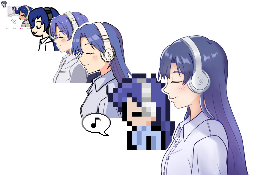 1girl, beats_by_dr._dre, blue_hair, blue_shirt, blush, borrowed_inset, closed_eyes, closed_mouth