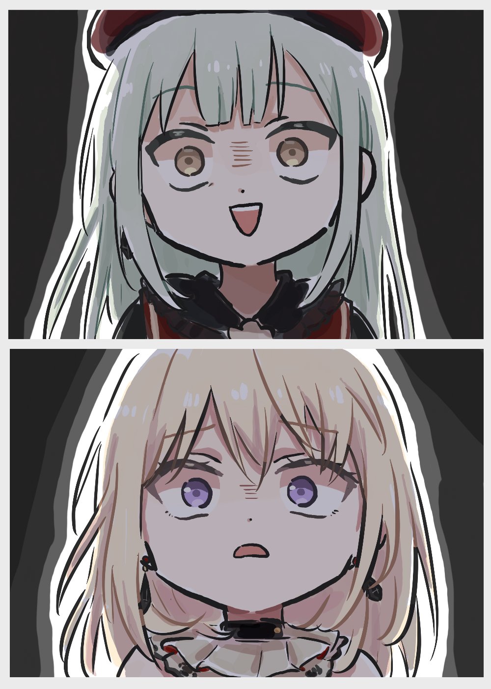 2girls, bang_dream!, bang_dream!_it's_mygo!!!!!, beret, blonde_hair, commentary, crazy_smile, doloris_(bang_dream!)