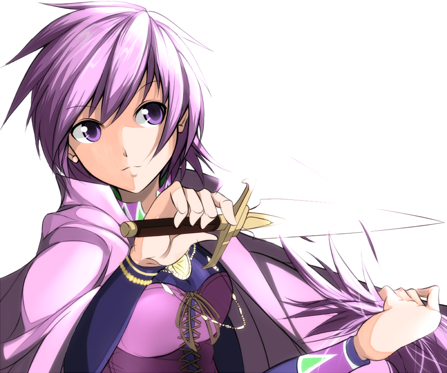 cutting_hair, kanten_(kanten328), katrina_(romancing_saga), knife, purple_eyes, purple_hair, romancing_saga, romancing_saga_3