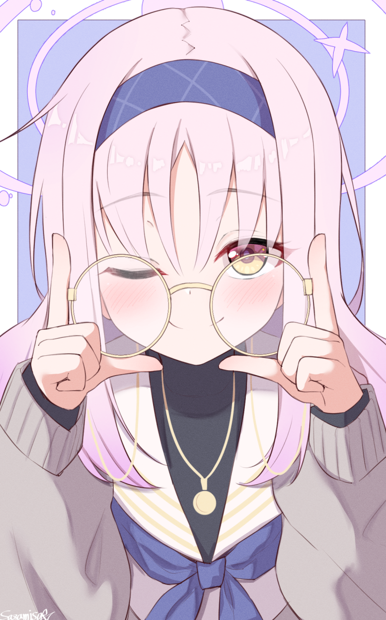 1girl, artist_name, blue_archive, blue_background, blue_hairband, blue_neckerchief, blush, border