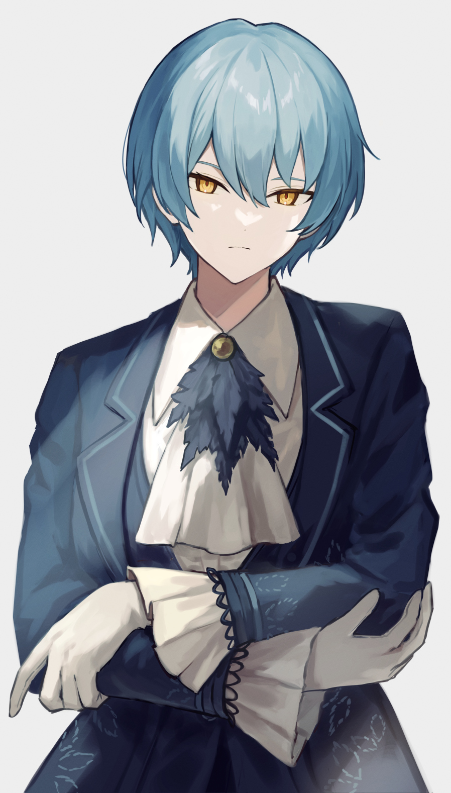 1girl, angela_(project_moon), ascot, blue_coat, blue_feathers, blue_hair, closed_mouth, coat, collared_shirt, cowboy_shot, expressionless, feathers, frilled_sleeves, frills, gloves, highres, konoeda, lapels, library_of_ruina, looking_at_viewer, notched_lapels, project_moon, shirt, short_hair, simple_background, solo, white_ascot, white_background, white_gloves, white_shirt, yellow_eyes
