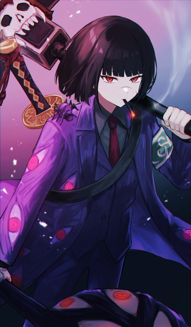 1girl, armband, bug, coat, collared_shirt, commentary, cowboy_shot, e.g.o_(project_moon)