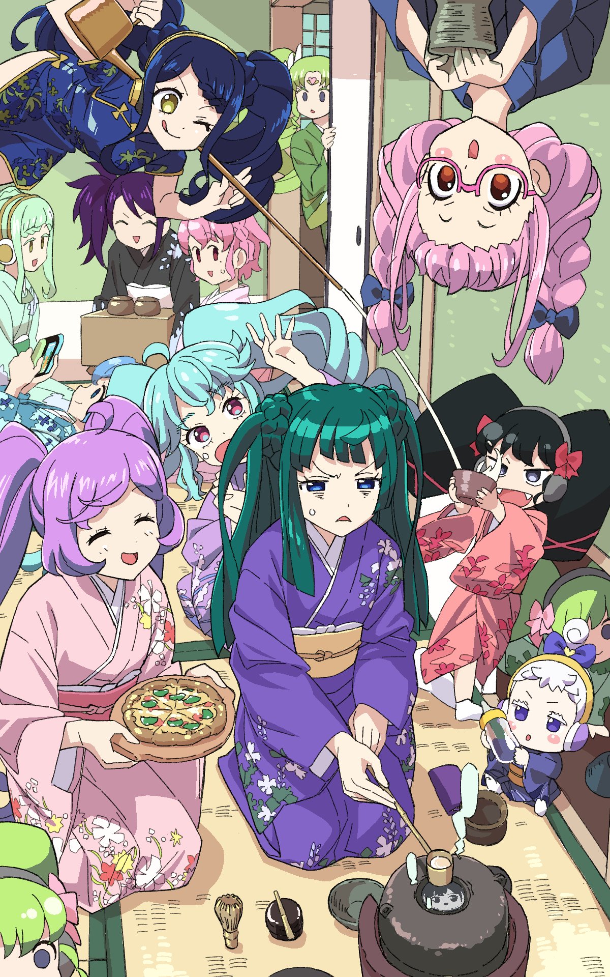 1boy, 6+girls, :d, black_hair, blue_eyes, blue_hair, bottle, braid