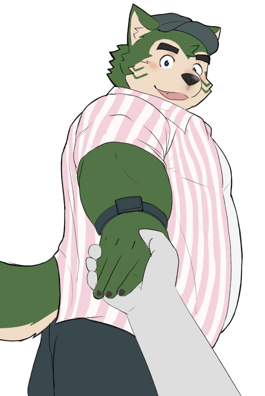 1boy, 1other, animal_ears, arm_out_of_frame, black_hat, black_pants, blush, claws