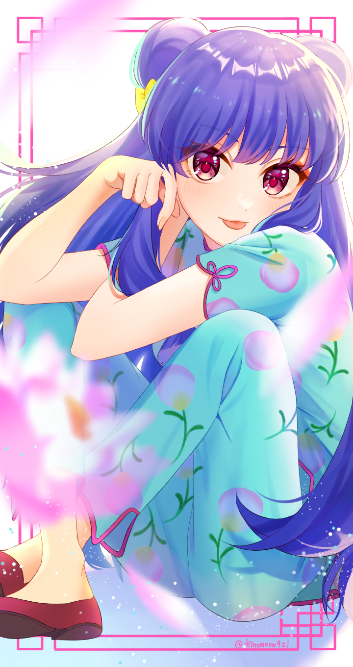 1girl, blue_pants, blue_shirt, bow, chinese_clothes, double_bun, floral_print, hair_bow
