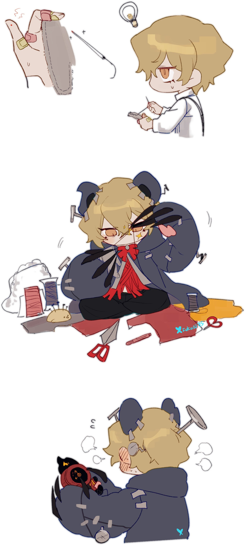 1boy, 1other, absurdres, bandaid, bandaid_on_arm, blonde_hair, character_doll, dante_(limbus_company)