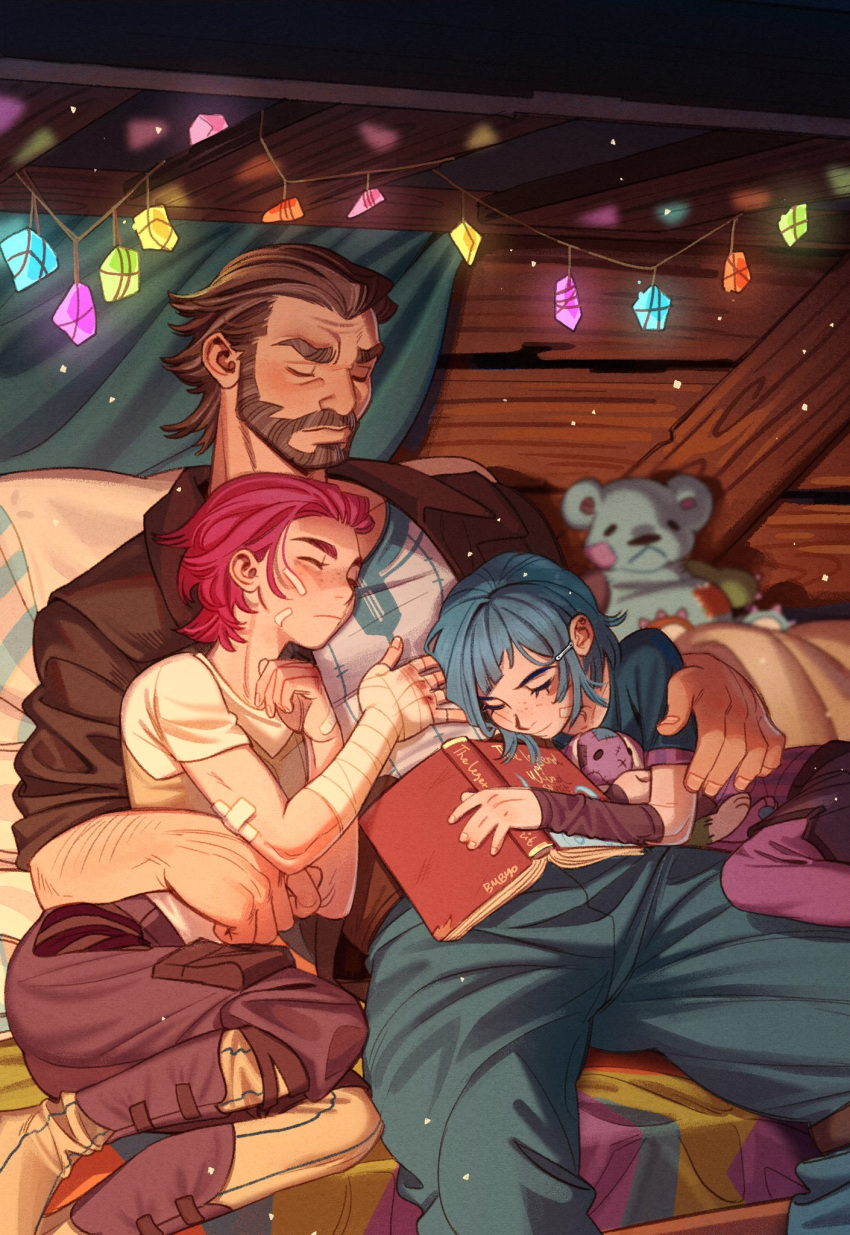 1boy, 2girls, arcane:_league_of_legends, beard, bombyoon, book, brown_hair, brown_jacket, closed_eyes, closed_mouth, couch, facial_hair, family, father_and_daughter, green_hair, hair_ornament, hairclip, highres, jacket, league_of_legends, multiple_girls, open_book, open_clothes, open_jacket, pants, pouch, powder_(arcane), redhead, shirt, shoes, short_hair, short_sleeves, sleeping, sleeping_on_person, vander_(arcane), violet_(arcane), white_shirt