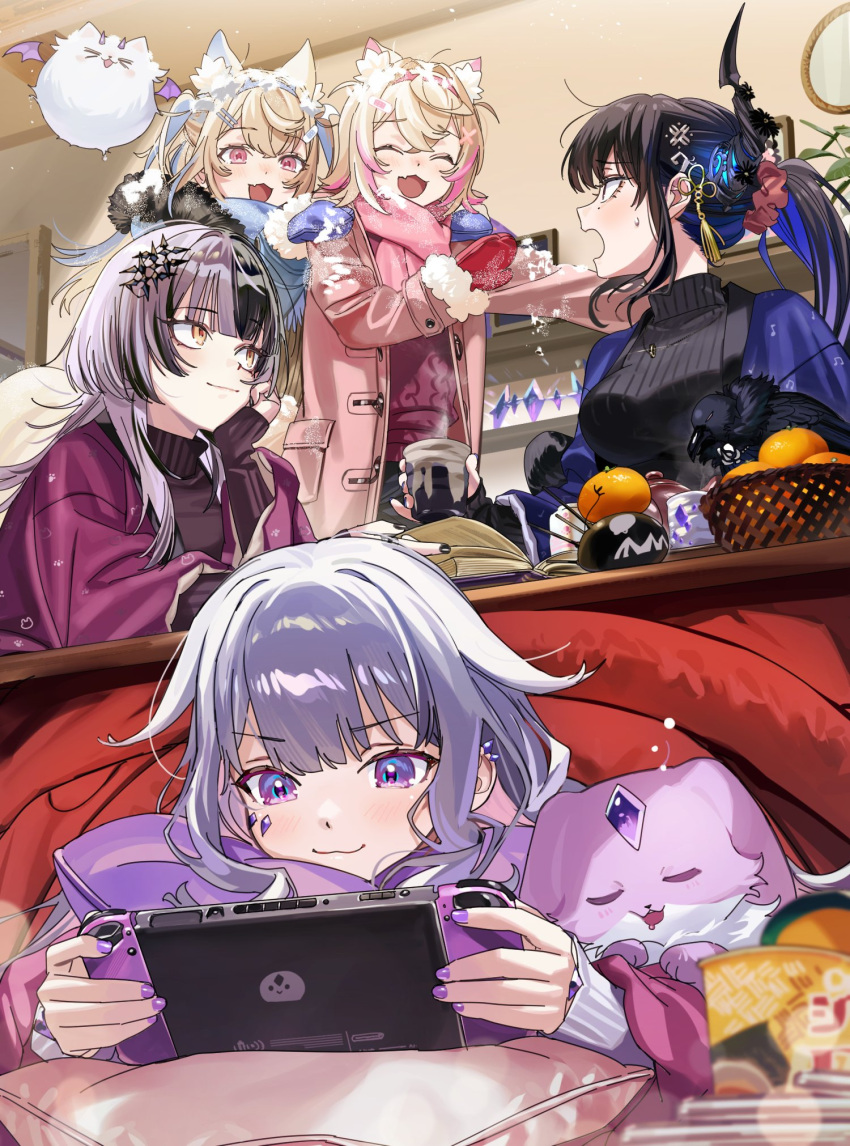 5girls, alternate_costume, alternate_hairstyle, animal_ears, asymmetrical_horns, black_hair, blonde_hair, blue_hair