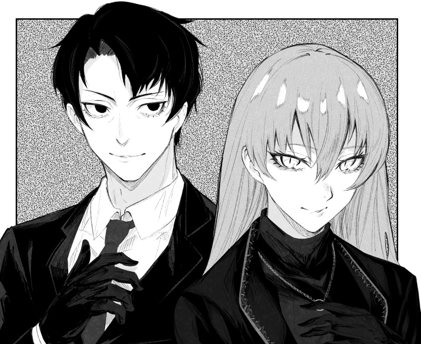 1boy, 1girl, angelica_(project_moon), closed_mouth, collared_shirt, gloves, greyscale, hands_up, highres, jacket, lapels, library_of_ruina, long_hair, looking_at_viewer, monochrome, nb8c, necktie, notched_lapels, project_moon, ribbed_sweater, roland_(project_moon), shirt, smile, static, static_background, sweater, turtleneck, turtleneck_sweater, upper_body, very_long_hair