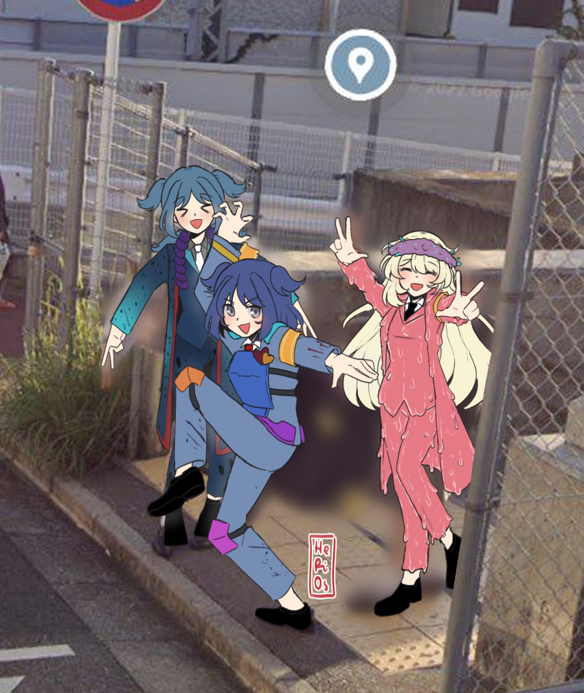 >_<, 3girls, adoration_(e.g.o), blonde_hair, blue_coat, blue_hair, coat, double_v, e.g.o_(project_moon), ecstasy_(e.g.o), employee_(project_moon), faint_aroma_(e.g.o), full_body, grey_eyes, head_wreath, heriossu, high_school_girls_posing_for_google_street_view_(meme), highres, liquid_clothes, lobotomy_corporation, long_hair, medium_hair, meme, multiple_girls, necktie, nugget_(project_moon), open_mouth, pants, pink_coat, pink_pants, pink_vest, project_moon, quad_tails, sidelocks, smile, spore_(e.g.o), two_side_up, v, very_long_hair, vest, white_necktie