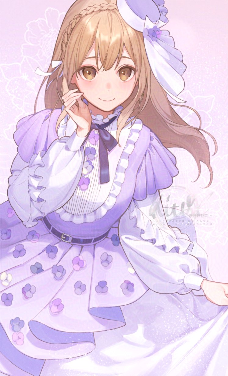 1girl, belt, black_belt, braid, brown_eyes, brown_hair, cowboy_shot, dress