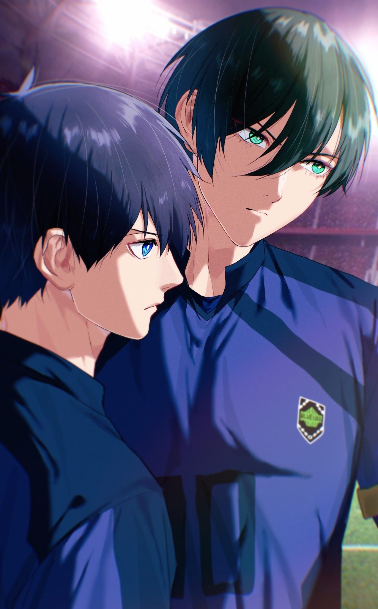 2boys, audience, bl_111252, blue_eyes, blue_hair, blue_lock, blue_shirt, closed_mouth