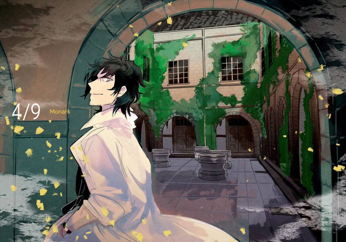 1boy, black_hair, black_shirt, closed_mouth, coat, collared_shirt, copyright_name, cowboy_shot