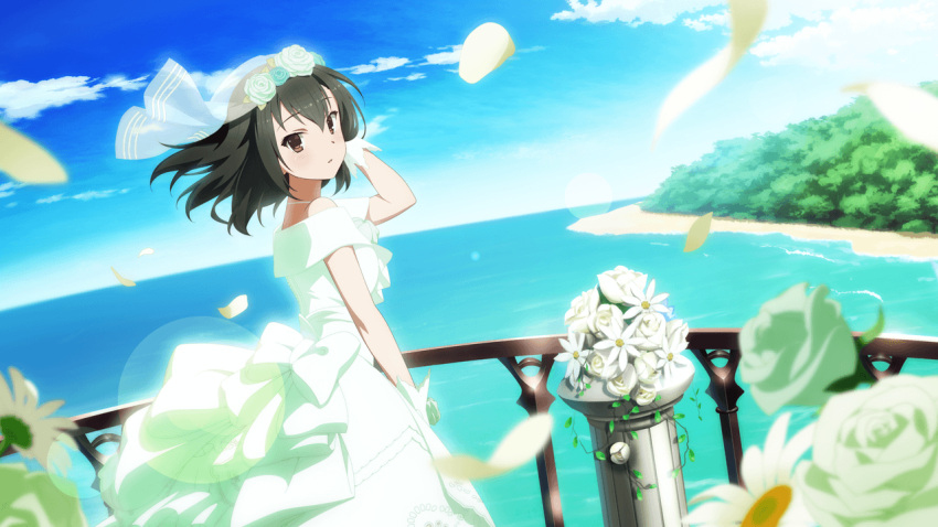 1girl, blue_sky, blurry, blurry_foreground, brown_eyes, closed_mouth, clouds, day