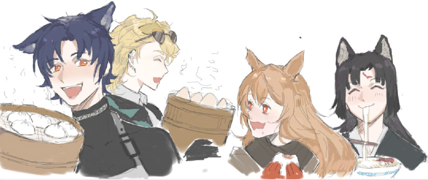 2boys, 2girls, :3, ahoge, ambience_synesthesia, animal_ears, apron, arknights