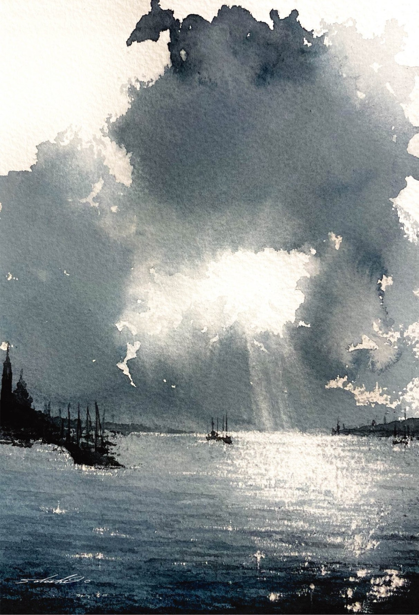 clouds, cloudy_sky, glint, highres, no_humans, ocean, original, painting_(medium)