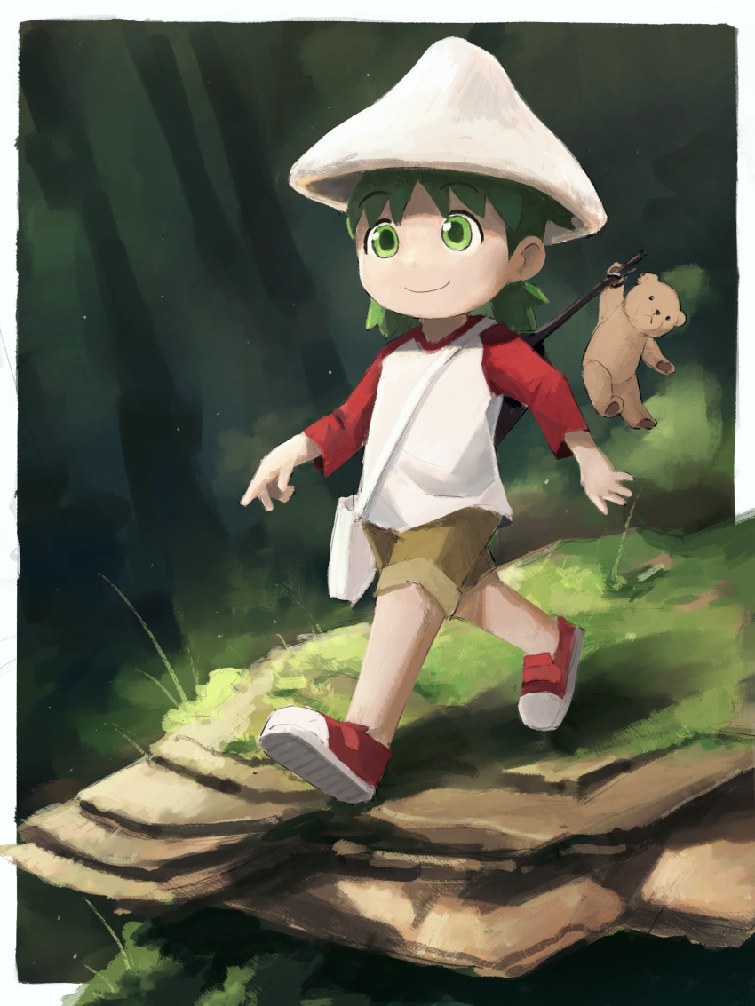 1girl, absurdres, forest, green_eyes, green_hair, highres, koiwai_yotsuba, labuyoi, meme, mushroom_hat, nature, outdoors, shoes, shorts, smurf_cat_(meme), stuffed_animal, stuffed_toy, teddy_bear, walking, yotsubato!