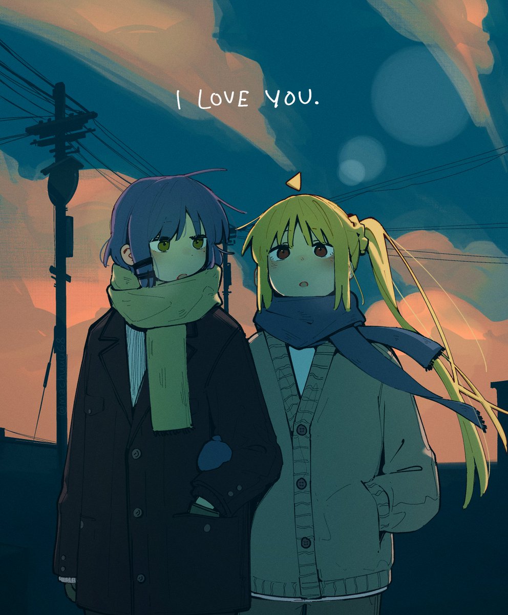 2girls, ahoge, black_jacket, blonde_hair, blue_hair, blue_scarf, blush, bocchi_the_rock!, brown_cardigan, brown_eyes, cardigan, clouds, color_coordination, commentary, couple, detached_ahoge, english_commentary, hand_in_pocket, highres, holding_another's_arm, ijichi_nijika, jacket, long_hair, long_sleeves, machuuu68, mittens, multiple_girls, open_mouth, power_lines, scarf, shirt, short_hair, side_ponytail, utility_pole, white_shirt, winter_clothes, yamada_ryo, yellow_eyes, yellow_scarf, yuri