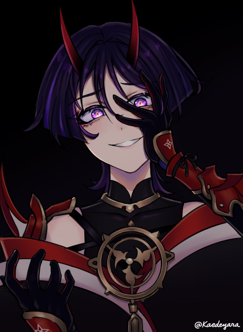 1boy, armor, black_bodysuit, black_gloves, black_kimono, blunt_ends, bodysuit, cosplay, covered_collarbone, crazy_eyes, crazy_smile, eyelashes, eyeliner, eyeshadow, genshin_impact, gloves, hair_between_eyes, hair_intakes, han'eri, hand_on_own_face, highres, honkai_(series), honkai_impact_3rd, horns, japanese_armor, japanese_clothes, jewelry, kaedeyara, kimono, kote, layered_kimono, looking_at_viewer, makeup, male_focus, mandarin_collar, mitsudomoe_(shape), neck_ring, open_hands, pink_eyes, purple_hair, raiden_mei, raiden_mei_(cosplay), raiden_mei_(herrscher_of_thunder), red_eyeliner, red_eyeshadow, red_horns, red_kimono, red_pupils, scaramouche_(genshin_impact), shoulder_spikes, smile, solo, spikes, tomoe_(symbol), white_kimono, white_mouth