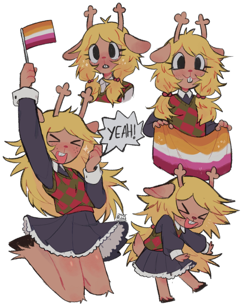 >_<, 1girl, :3, :d, animal_ears, animal_nose, antlers, arm_up