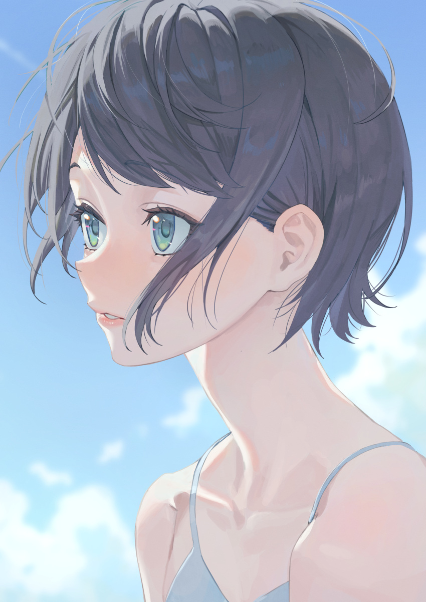 1girl, absurdres, aqua_eyes, black_hair, blue_sky, blurry, blurry_background, camisole