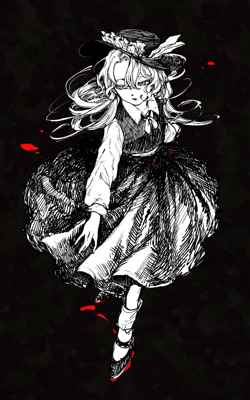 1girl, ambiguous_red_liquid, ankle_socks, black_background, collared_shirt, flat_chest, frilled_hat, frills