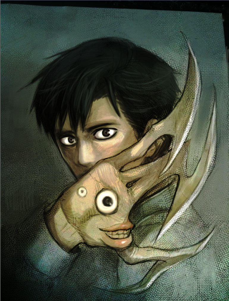1boy, black_hair, body_horror, claws, covering_own_mouth, extra_eyes, extra_mouth, grin