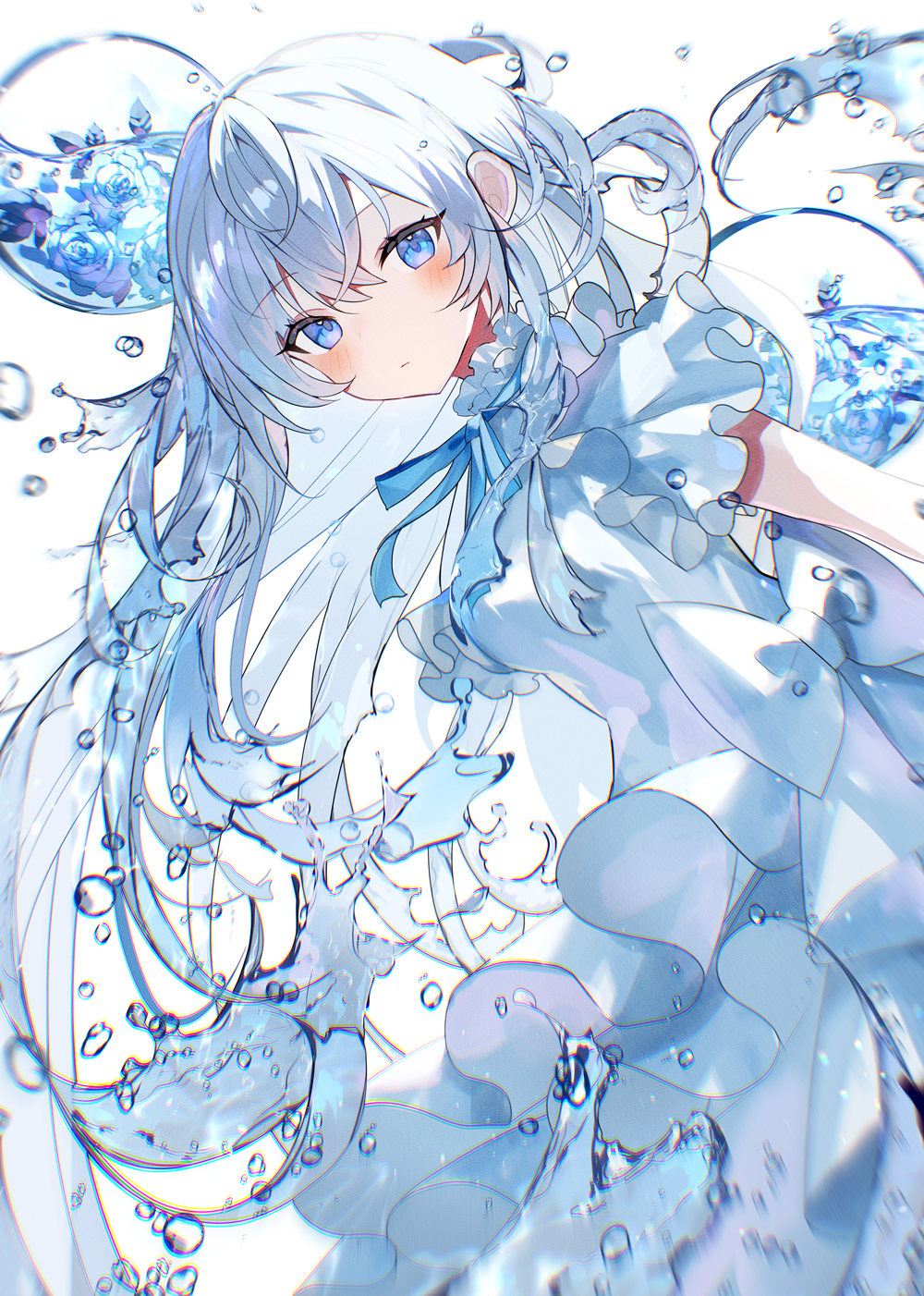 1girl, blue_eyes, blue_flower, blue_ribbon, blush, bow, closed_mouth, commentary