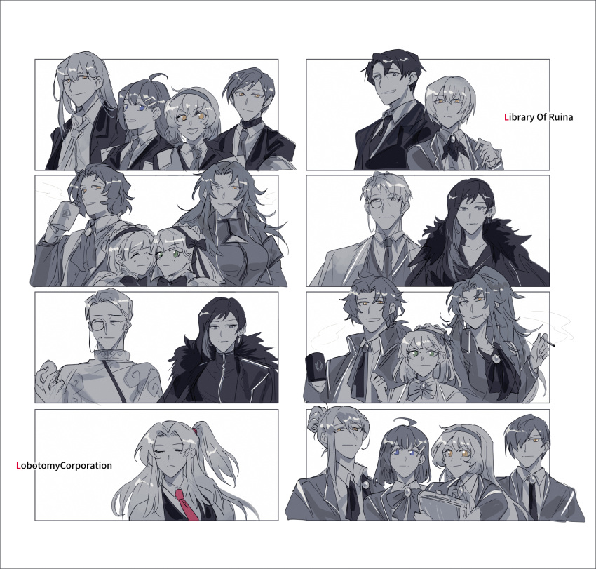 6+boys, 6+girls, ahoge, angela_(project_moon), binah_(project_moon), blue_eyes, bow, bowtie, chesed_(project_moon), collared_shirt, folded_ponytail, gebura_(project_moon), green_eyes, greyscale, hair_bow, hair_ornament, hairband, hairclip, highres, hod_(project_moon), hokma_(project_moon), jacket, ko_bammm, library_of_ruina, lobotomy_corporation, long_hair, looking_at_viewer, malkuth_(project_moon), medium_hair, monochrome, monocle, multiple_boys, multiple_girls, necktie, netzach_(project_moon), one_side_up, open_mouth, project_moon, red_necktie, roland_(project_moon), shirt, short_hair, smile, spot_color, tiphereth_a_(project_moon), tiphereth_b_(project_moon), very_long_hair, yellow_eyes, yesod_(project_moon)