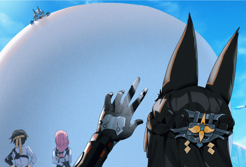 1boy, 3girls, animal_ears, asaba_harumasa, black_hair, blue_skin, colored_skin, fox_ears
