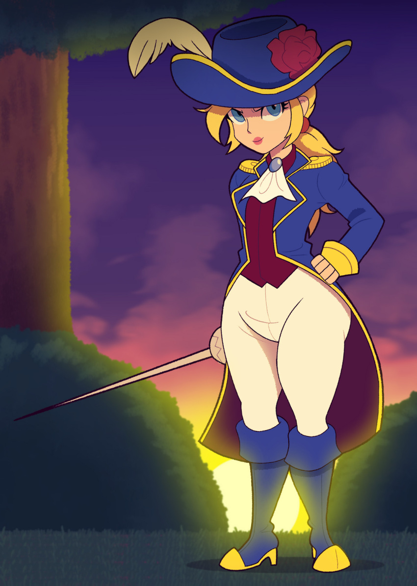 1girl, blonde_hair, blue_eyes, blue_footwear, blue_hat, boots, cavalier_hat, coat, commentary, english_commentary, hand_on_own_hip, hat, highres, holding, holding_sword, holding_weapon, knee_boots, looking_at_viewer, pants, princess_peach, princess_peach:_showtime!, solo, sunset, super_mario_bros., sword, swordfighter_peach, thick_thighs, thighs, tonyneely, two-sided_coat, two-sided_fabric, weapon, white_pants, wide_hips