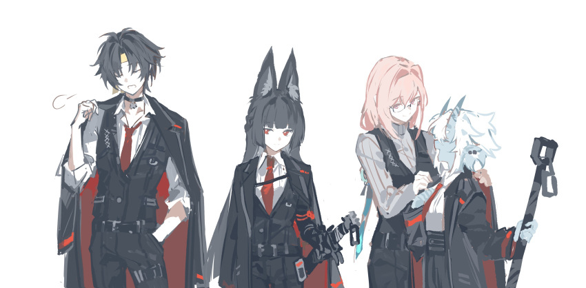 1boy, 3girls, absurdres, alternate_costume, animal_ear_fluff, animal_ears, asaba_harumasa, black_gloves