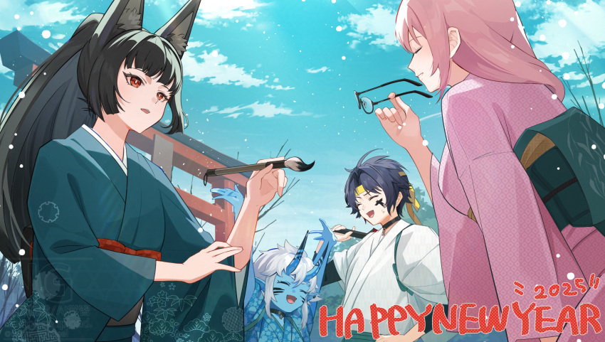 1boy, 3girls, absurdres, animal_ears, asaba_harumasa, black_hair, blue_skin, blue_sky