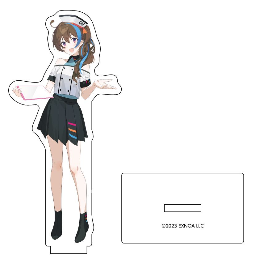 1girl, :d, acrylic_stand_(medium), ahoge, ankle_boots, artist_request, bare_shoulders, beckoning