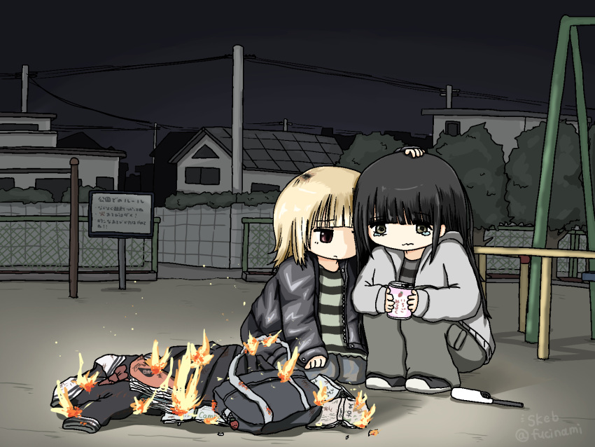 2girls, bag, black_hair, black_skirt, black_sky, blonde_hair, book, burning