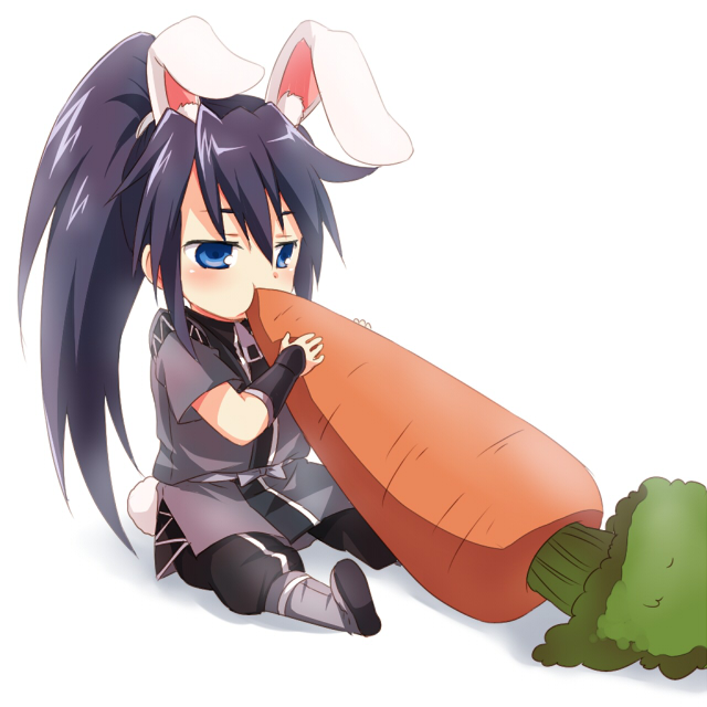 bad_id, black_hair, blue_eyes, blush, bunny_ears, carrot, character_request, danji_black, eating, food, kyuushuu_sentai_danjiger, long_hair, maruki_(punchiki), ponytail, punchiki, saga_kuronosuke, sitting, solo