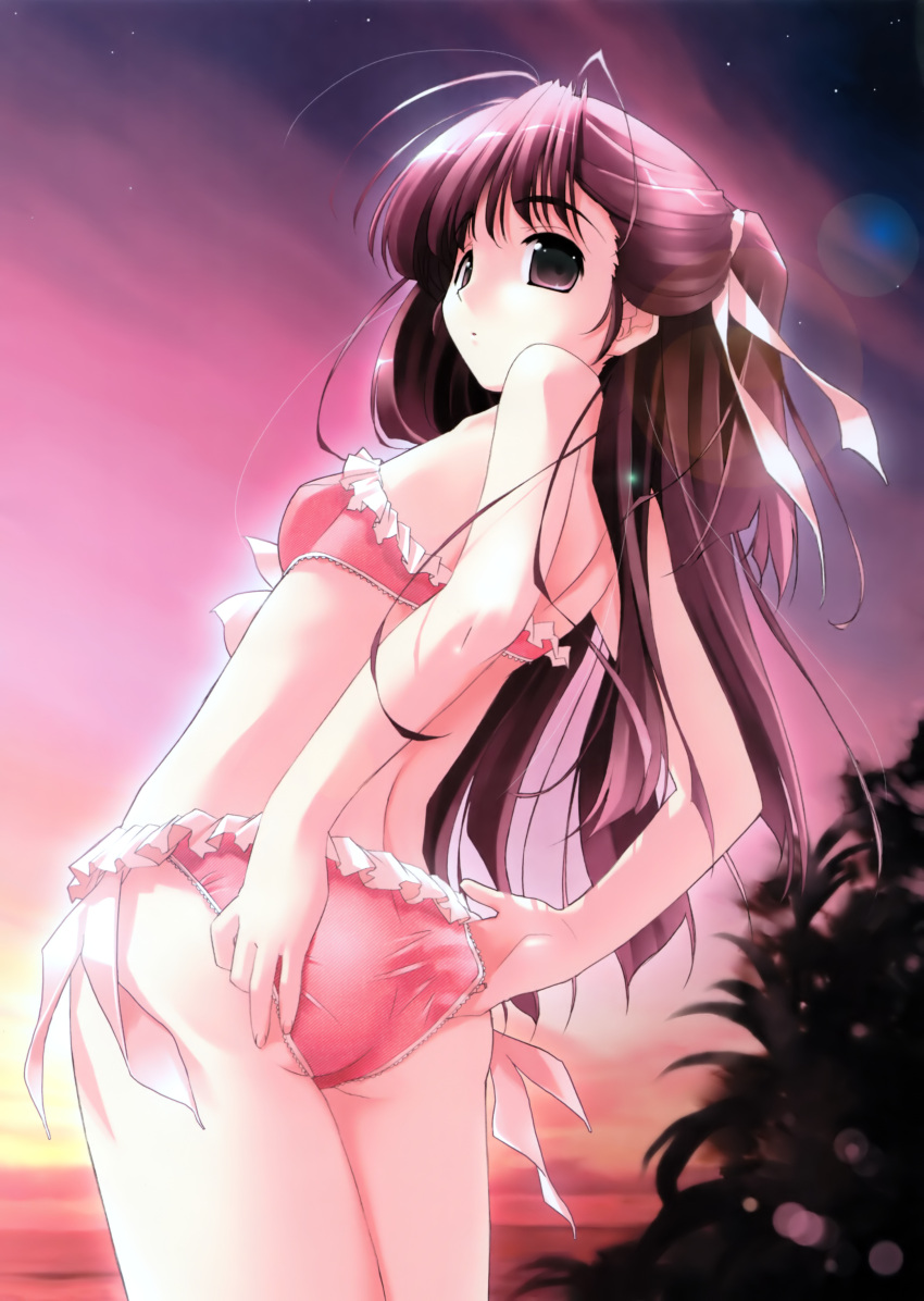 adjusting_swimsuit, akata_itsuki, antenna_hair, ass, back, bikini, breasts, brown_eyes, brown_hair, cocoro_navi, frilled_bikini, frills, highres, kokoro_navi, long_hair, looking_back, lufana, night, ponytail, ribbon, sky, solo, standing, star, stars, sunlight, sunset, swimsuit, tree