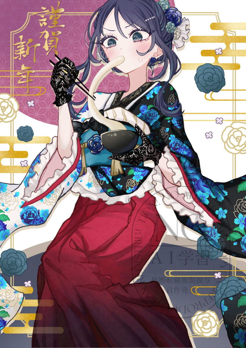 1girl, ado_(utaite), black_hair, black_kimono, blue_eyes, blush, chando_(ado), chopsticks, commentary_request, earrings, egasumi, floral_print, flower, food, hair_between_eyes, hair_flower, hair_ornament, highres, holding, holding_chopsticks, japanese_clothes, jewelry, kimono, mochi, mochi_trail, obi, oyashirazu_(adochan_daisuki), sash, solo, sweatdrop, utaite, watermark